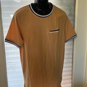 Dark yellow dress shirt with black, white and blue collar, nice shirt.